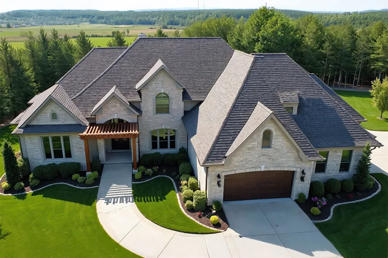 Aerial view of a large house and the planes of its gray shingle roof
