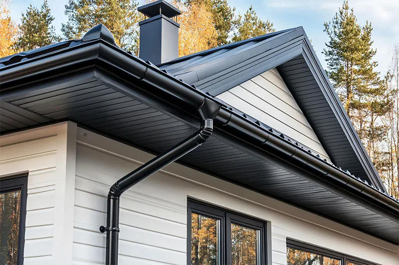 Black gutter and downspout on a white house with a dark metal roof