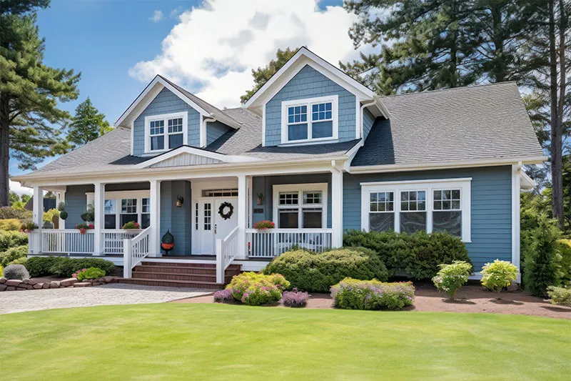 Blue Cape Cod style house with dormers, white trim and a covered front porch