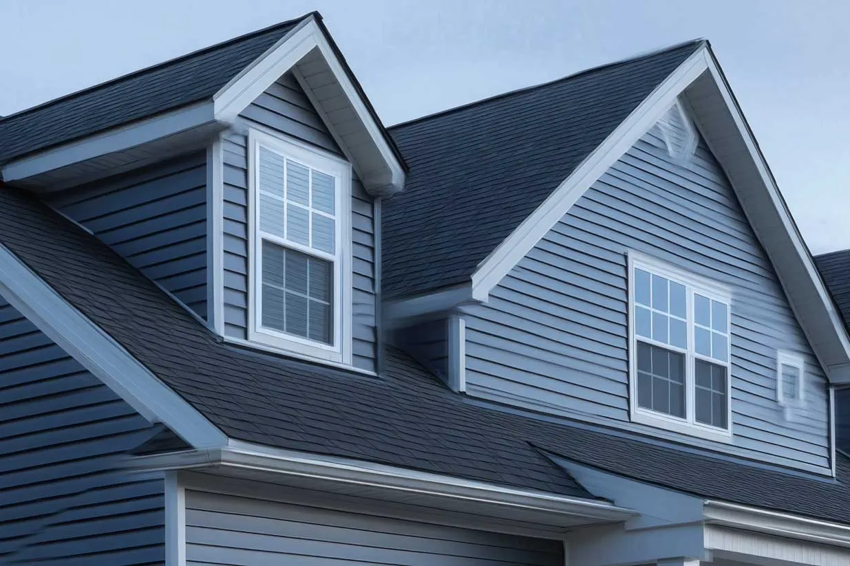 Blue-gray siding and dormers under a dark shingle roof