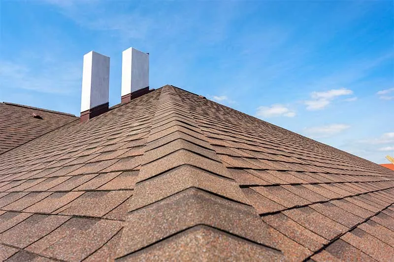 Brown asphalt shingle roof with two chimneys