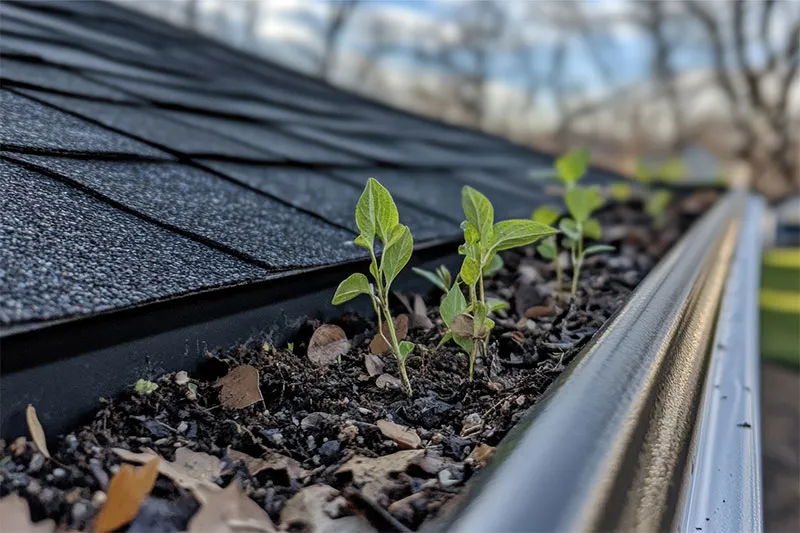 Clogged gutter with debris and seedlings growing in it