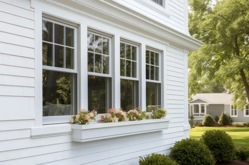 Three white double-hung windows with a flower box on a white clapboard house