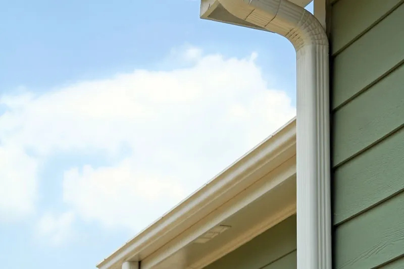 Green lap siding with white corner trim and a gutter at the roof edge