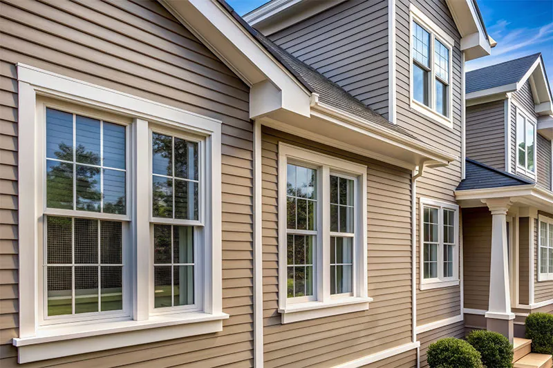 Tan lap siding with white double-hung windows