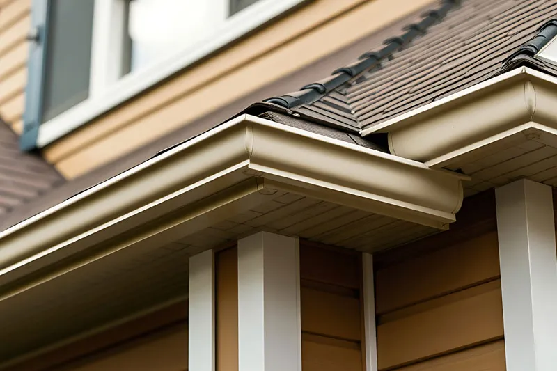Tan lap siding, white trim and a gutter at a roof corner