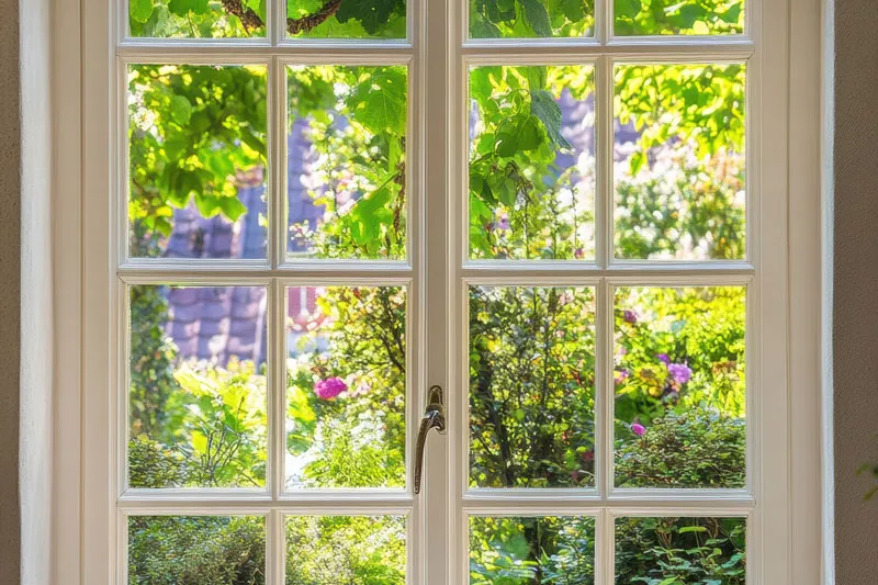 White casement window with grilles looking out on a garden