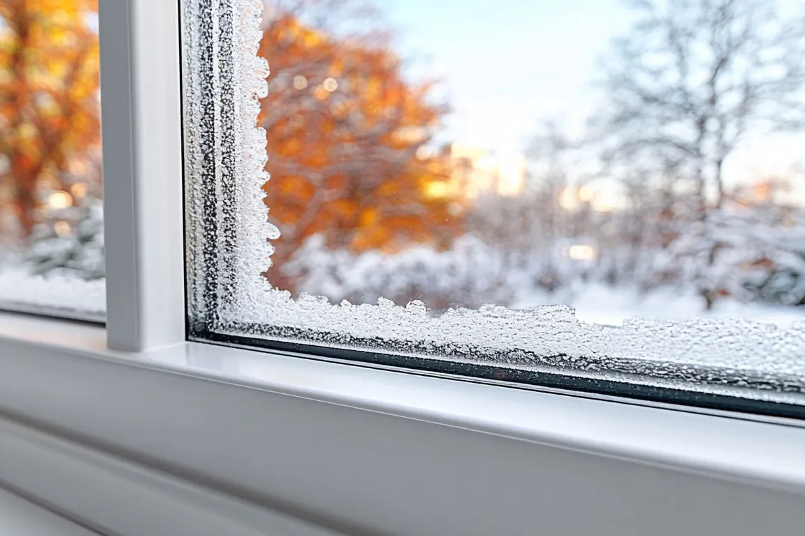 Window sill with a view of autumn leaves and snow outside